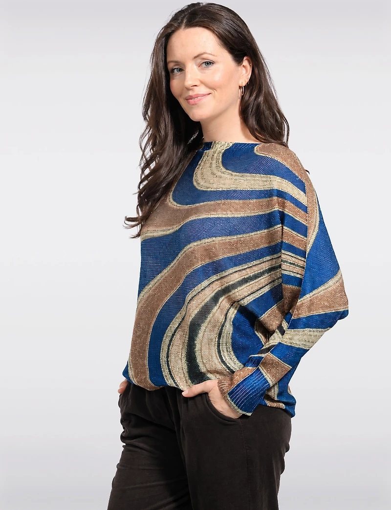 Chic Long Dolman Sleeves Boatneck Abstract Swirl Printed Knit Top by Froccella