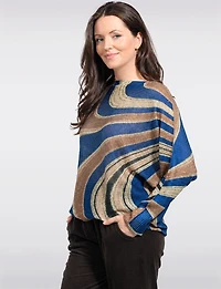 Chic Long Dolman Sleeves Boatneck Abstract Swirl Printed Knit Top by Froccella