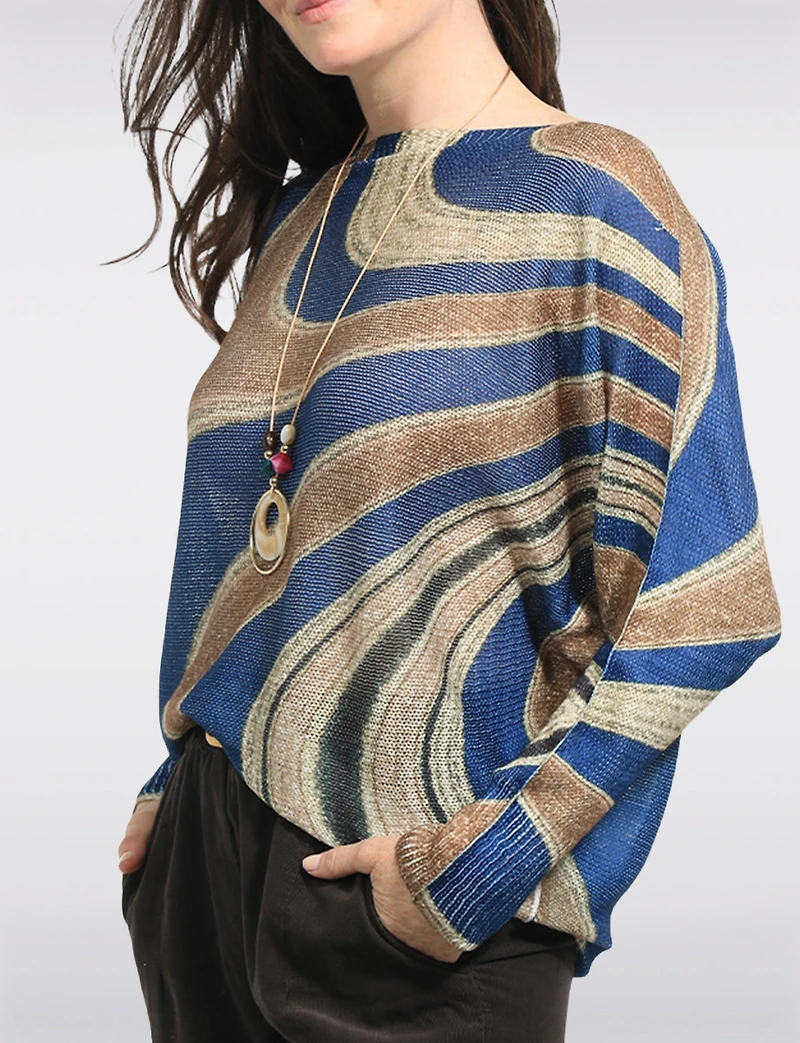 Chic Long Dolman Sleeves Boatneck Abstract Swirl Printed Knit Top by Froccella