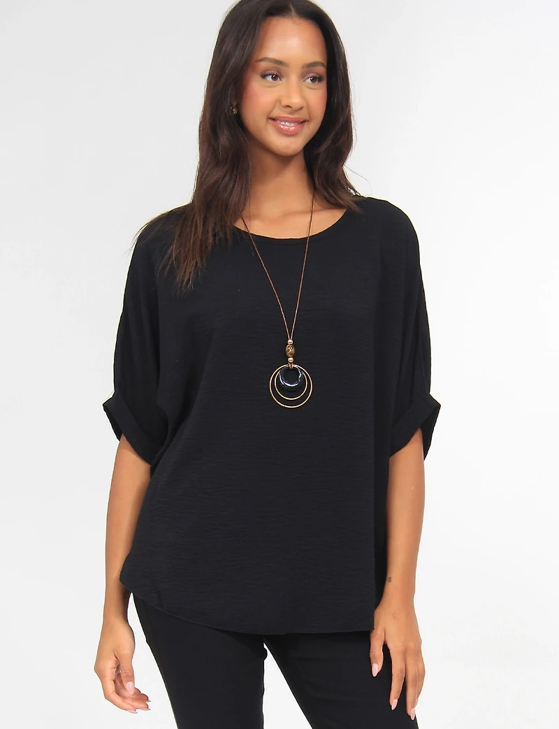 Relaxed Short Dolman Sleeve Sweater- Rounded Hem Top with Necklace by Froccella