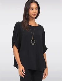 Relaxed Short Dolman Sleeve Sweater- Rounded Hem Top with Necklace by Froccella