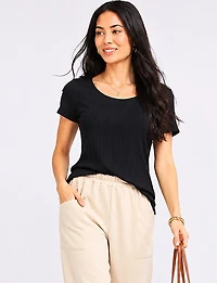 Classic Scoop Neck Solid Ribbed Slim-Fit Short Sleeve Top by Perle