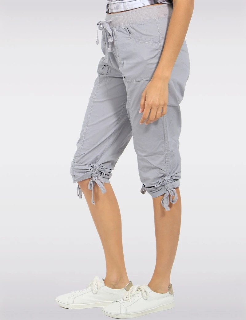 Cotton Pull-On Cargo Capri with Side Gathers & Drawstring Waist by Dash