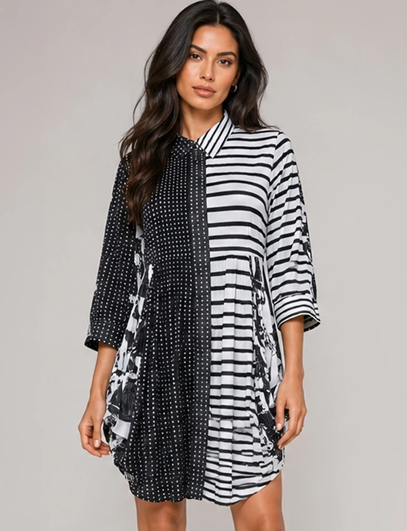 Black & White Print Button-Front Pleated Collar 3/4 Sleeve Tunic Shirt by Lindi