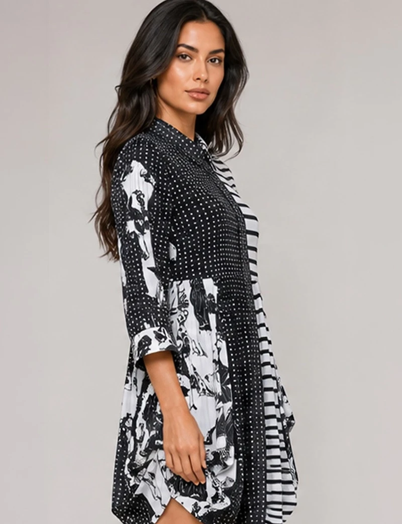 Black & White Print Button-Front Pleated Collar 3/4 Sleeve Tunic Shirt by Lindi