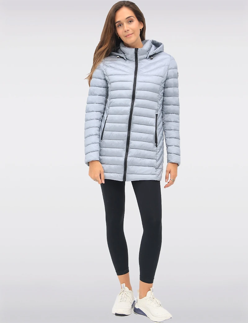 Emiko Vegan Lightweight Multi-Quilt Design Long Hooded Puffer Jacket by Saki