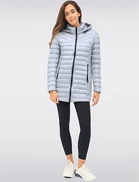 Emiko Vegan Lightweight Multi-Quilt Design Long Hooded Puffer Jacket by Saki