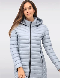Emiko Vegan Lightweight Multi-Quilt Design Long Hooded Puffer Jacket by Saki