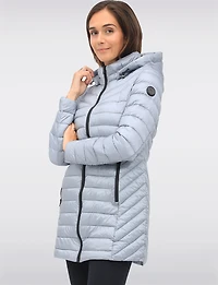 Emiko Vegan Lightweight Multi-Quilt Design Long Hooded Puffer Jacket by Saki