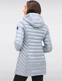 Emiko Vegan Lightweight Multi-Quilt Design Long Hooded Puffer Jacket by Saki