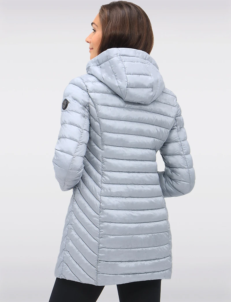 Emiko Vegan Lightweight Multi-Quilt Design Long Hooded Puffer Jacket by Saki