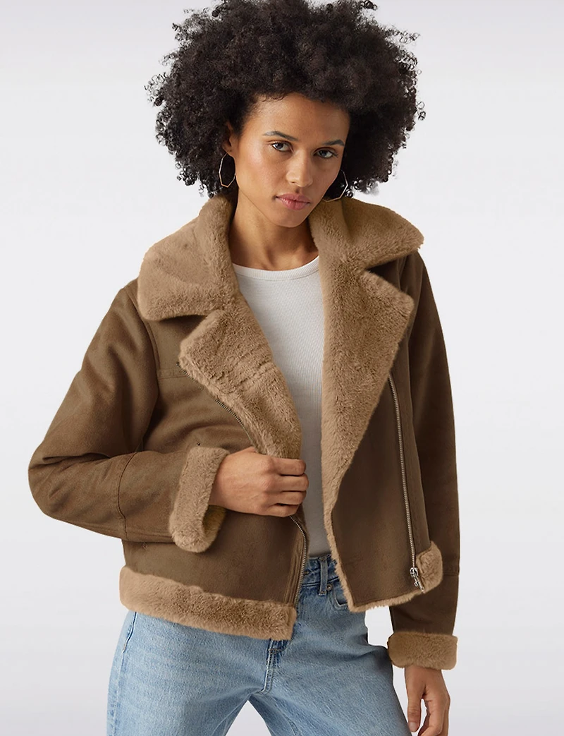 Ultra-Soft Faux Fur Trim & Lining Suede Cropped Zip-up Moto Jacket by Vero Moda