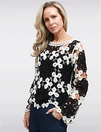 Delicate B&W Open-Knit Floral Crochet Long Flared Sleeve Sweater by Point Zero