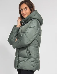 Hooded Vegan Eco-Down Adjustable-Waist Puffer Coat by Point Zero