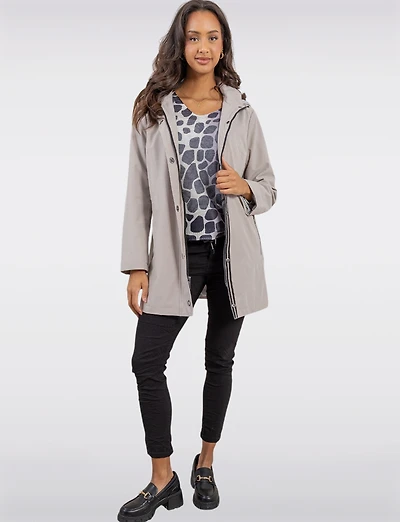 Vegan Softshell Breathe-Tech® Stripe-Lined Cinchable Waist Parka by Saki