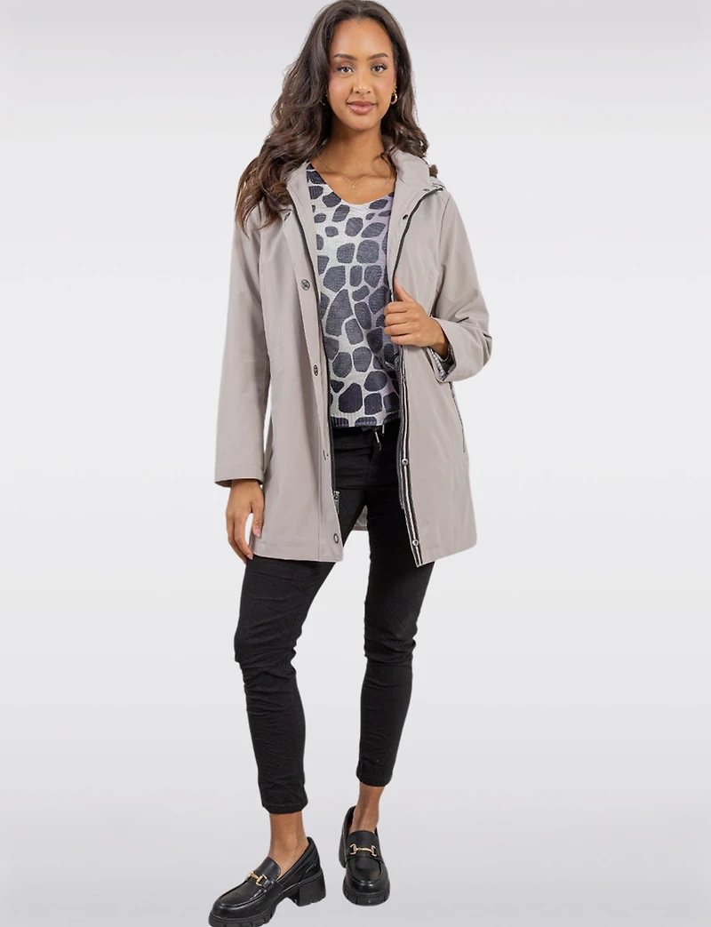 Vegan Softshell Breathe-Tech® Stripe-Lined Cinchable Waist Parka by Saki