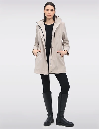 Vegan Breathe-Tech® Straight Cut Beige Trim Hooded Jacket by Saki
