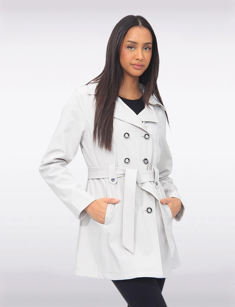 Vegan Double-Breasted Belted Slim Fit Short Trench Coat by Saki