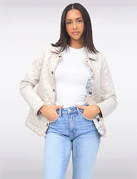 Vegan Reversible Print and Solid Quilted Jacket with Contrasting Trim by Saki