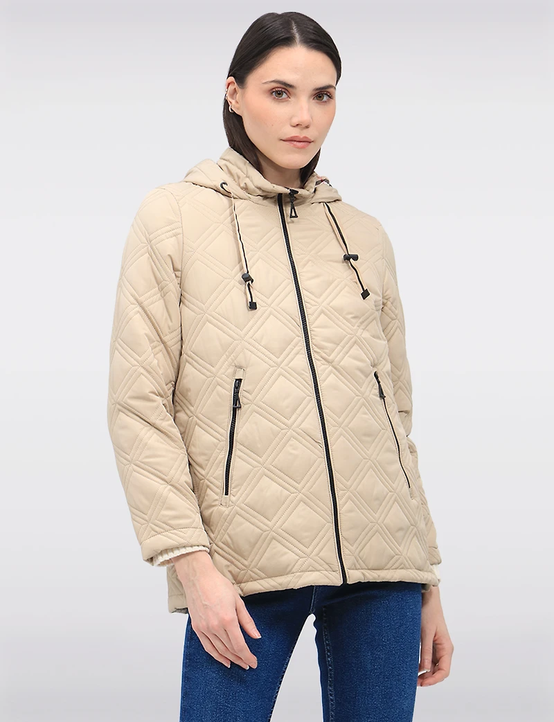 Vegan Quilted Jacket with Attached Plaid Hood & Side Velcro Slits by Saki