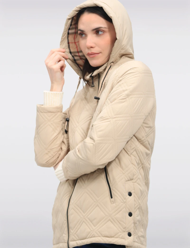 Vegan Quilted Jacket with Attached Plaid Hood & Side Velcro Slits by Saki