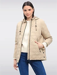 Vegan Quilted Jacket with Attached Plaid Hood & Side Velcro Slits by Saki