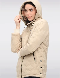 Vegan Quilted Jacket with Attached Plaid Hood & Side Velcro Slits by Saki