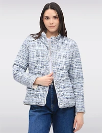 Versatile Vegan Reversible Print/Solid Quilted Jacket with Stand Collar by Saki