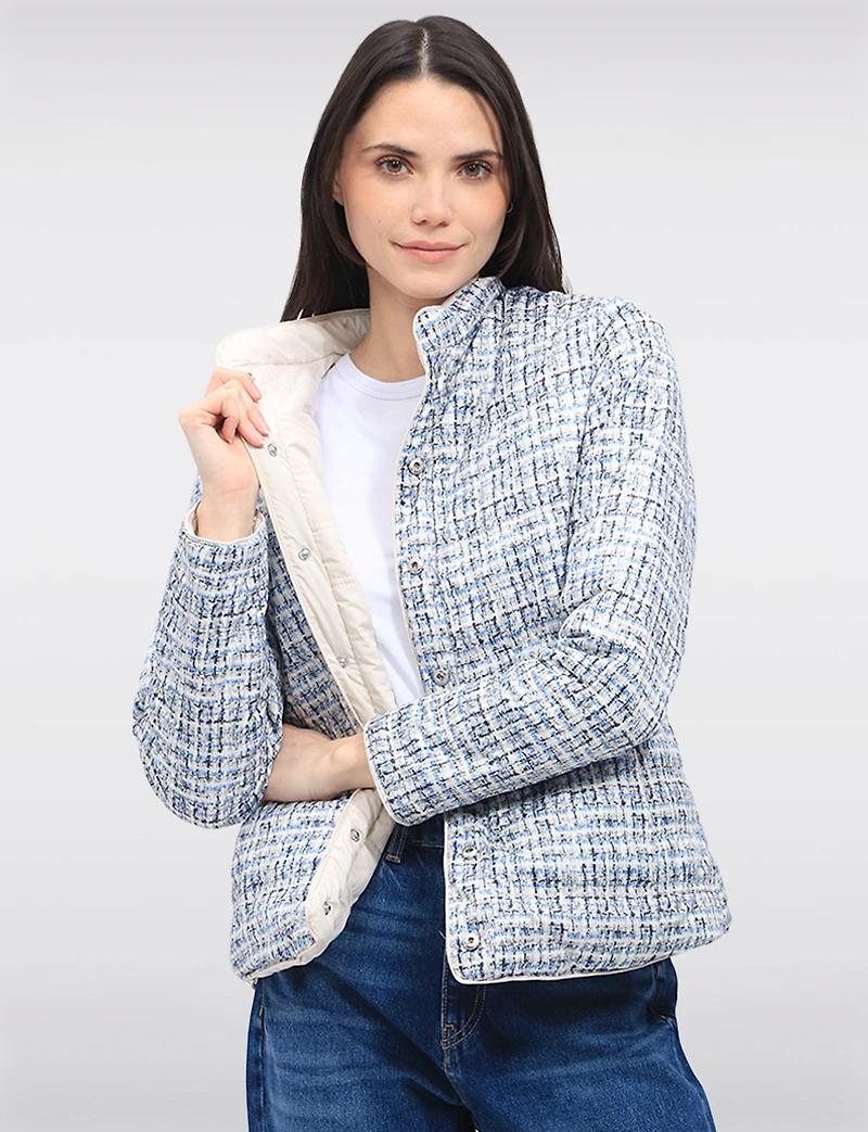 Versatile Vegan Reversible Print/Solid Quilted Jacket with Stand Collar by Saki