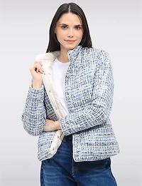 Versatile Vegan Reversible Print/Solid Quilted Jacket with Stand Collar by Saki