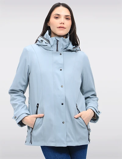 Lightweight Vegan Softshell Jacket with Detachable Hood & Side Slits by Saki