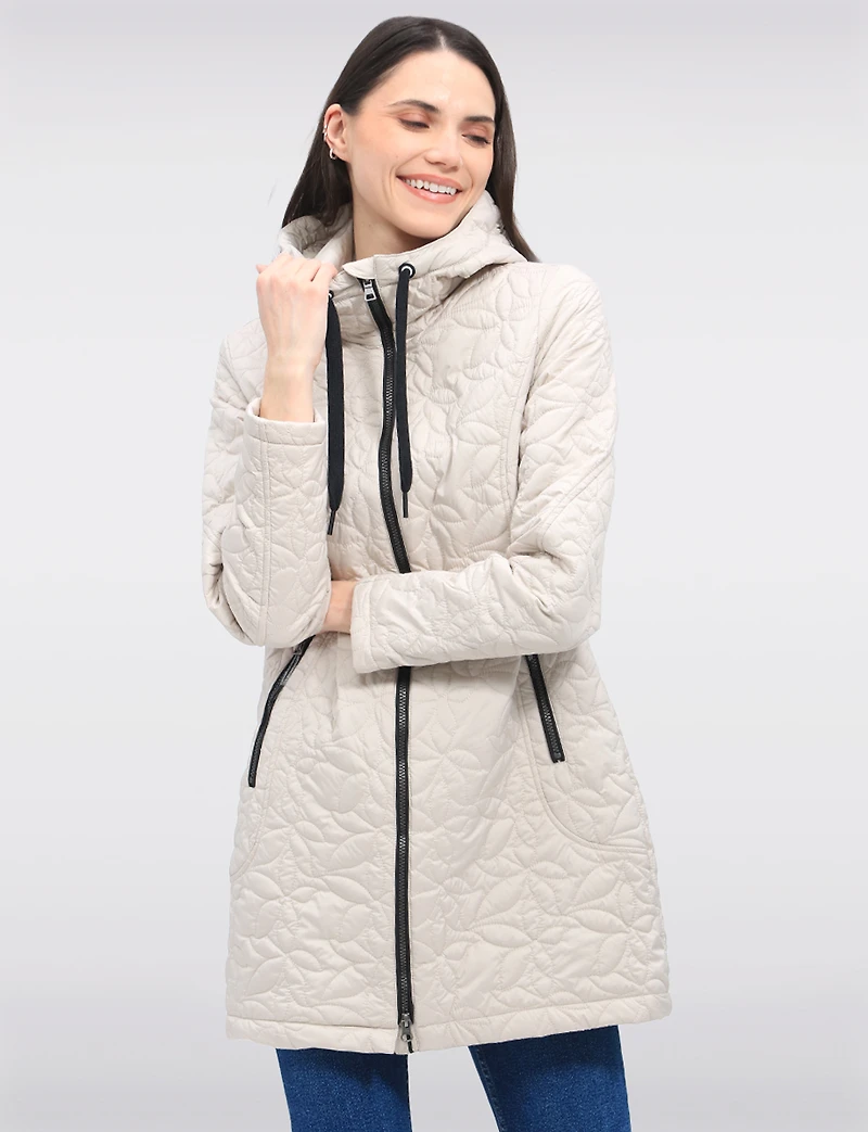 Lightweight Vegan Quilted Floral Design Mid-Length Jacket by Saki