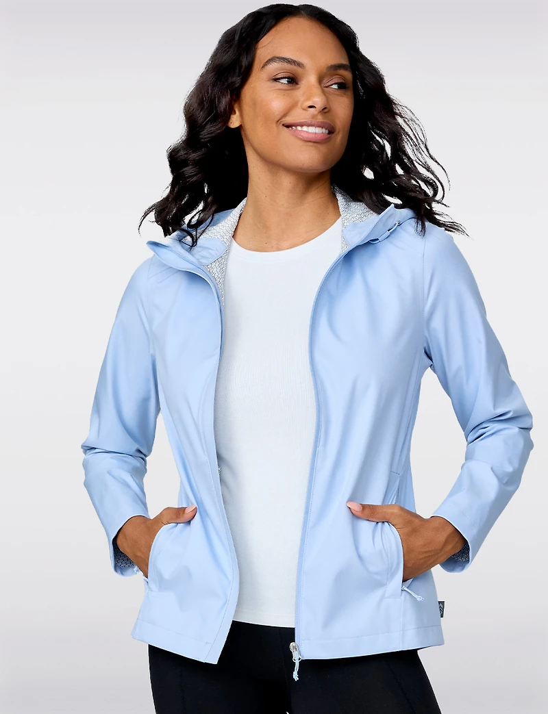 Straight Cut Sleek Short Rain Jacket with Attached Hood by Free Country