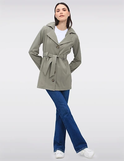Single-Breasted Short Belted Trench Coat with Removable Hood by Point Zero