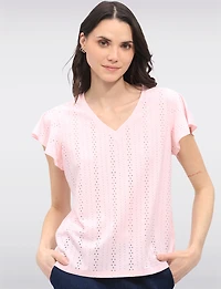 Solid Vegan Eyelet Embroidered Top with Delicate Flutter Sleeves by Point Zero