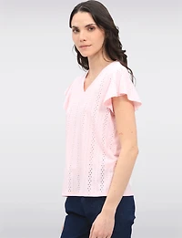 Solid Vegan Eyelet Embroidered Top with Delicate Flutter Sleeves by Point Zero