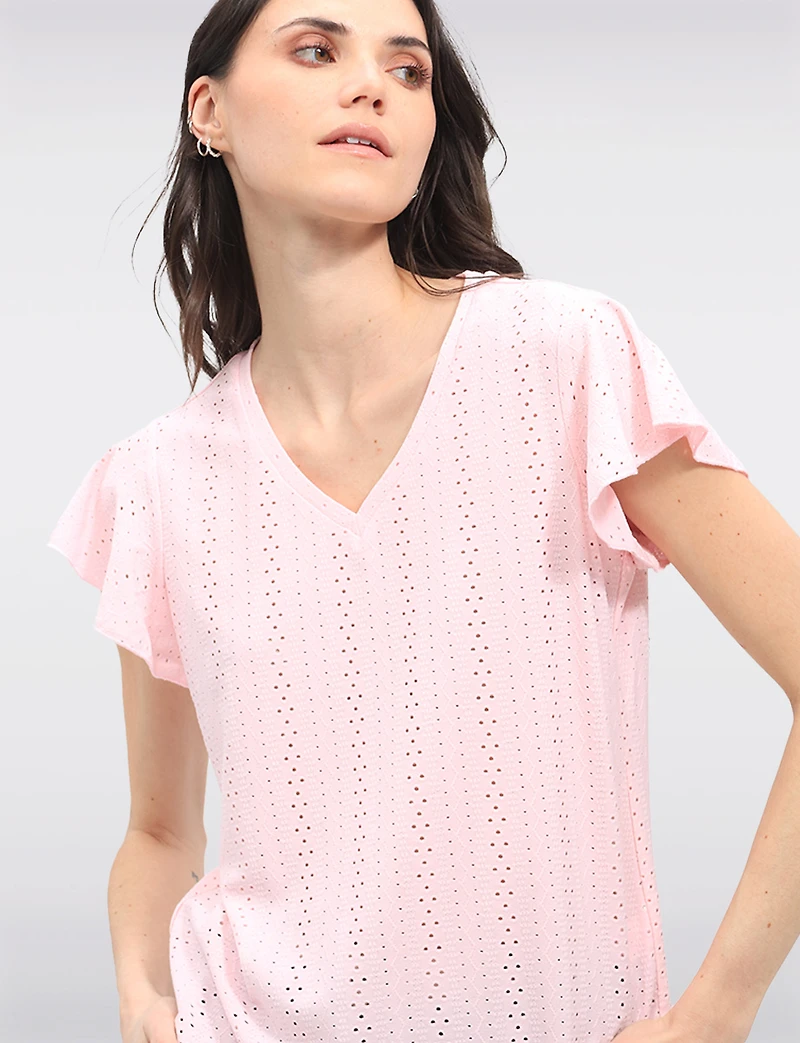 Solid Vegan Eyelet Embroidered Top with Delicate Flutter Sleeves by Point Zero