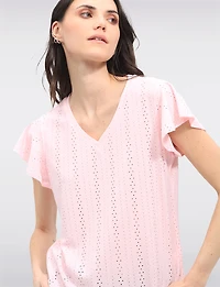 Solid Vegan Eyelet Embroidered Top with Delicate Flutter Sleeves by Point Zero