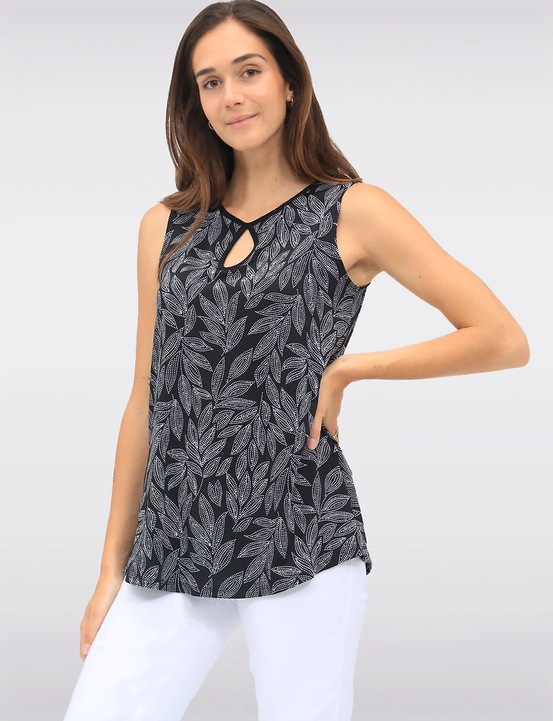 Tropical Leaf Print Sleeveless Top With Keyhole Neck and Black Trim by Vamp