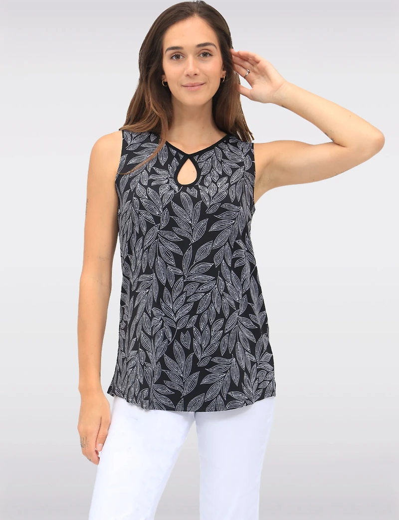 Tropical Leaf Print Sleeveless Top With Keyhole Neck and Black Trim by Vamp