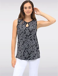 Tropical Leaf Print Sleeveless Top With Keyhole Neck and Black Trim by Vamp