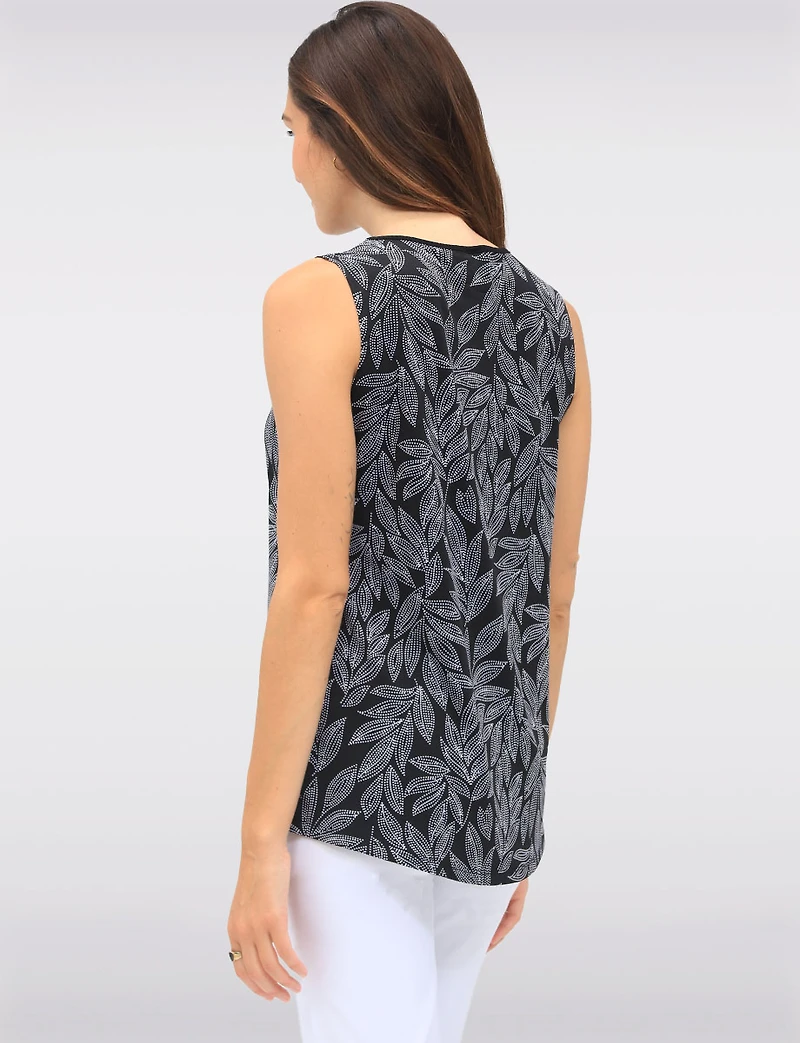 Tropical Leaf Print Sleeveless Top With Keyhole Neck and Black Trim by Vamp