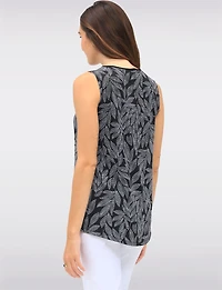 Tropical Leaf Print Sleeveless Top With Keyhole Neck and Black Trim by Vamp