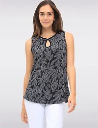 Tropical Leaf Print Sleeveless Top With Keyhole Neck and Black Trim by Vamp