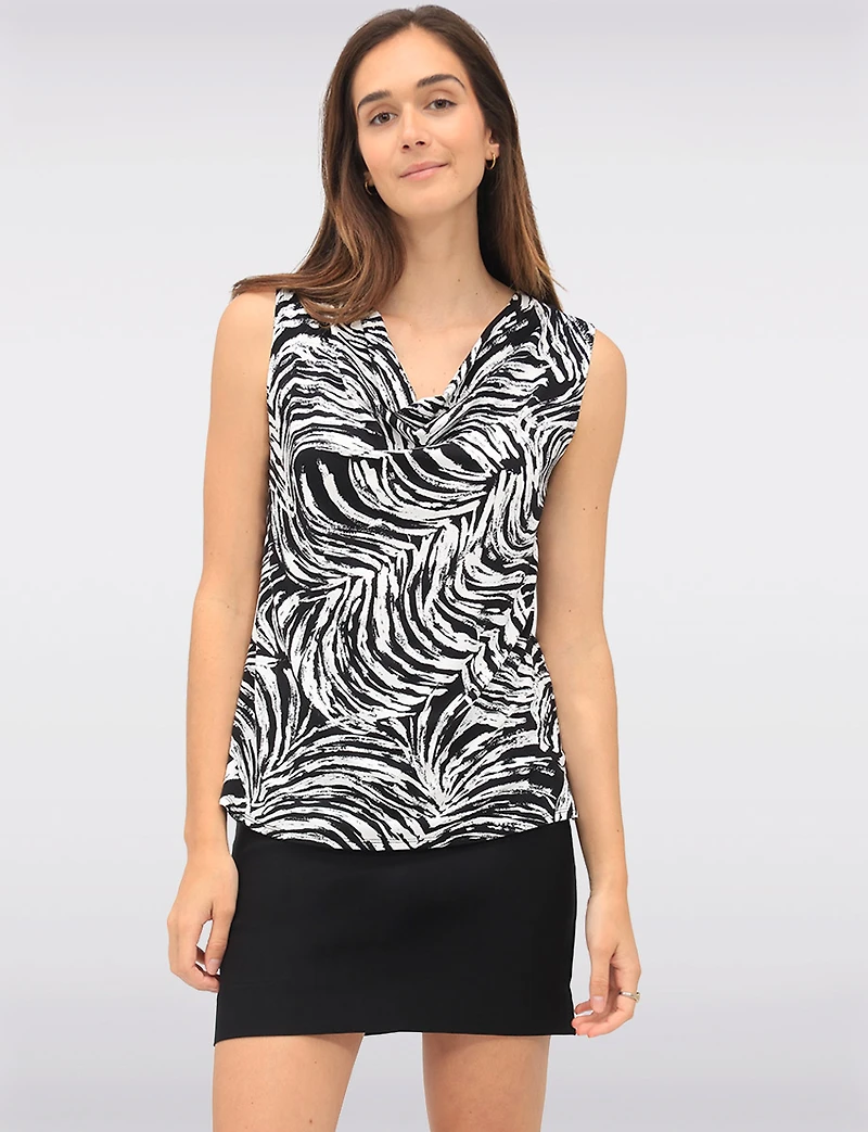 Draped Black & White Abstract Print Sleeveless Cowl Neck Stretch Top by Vamp