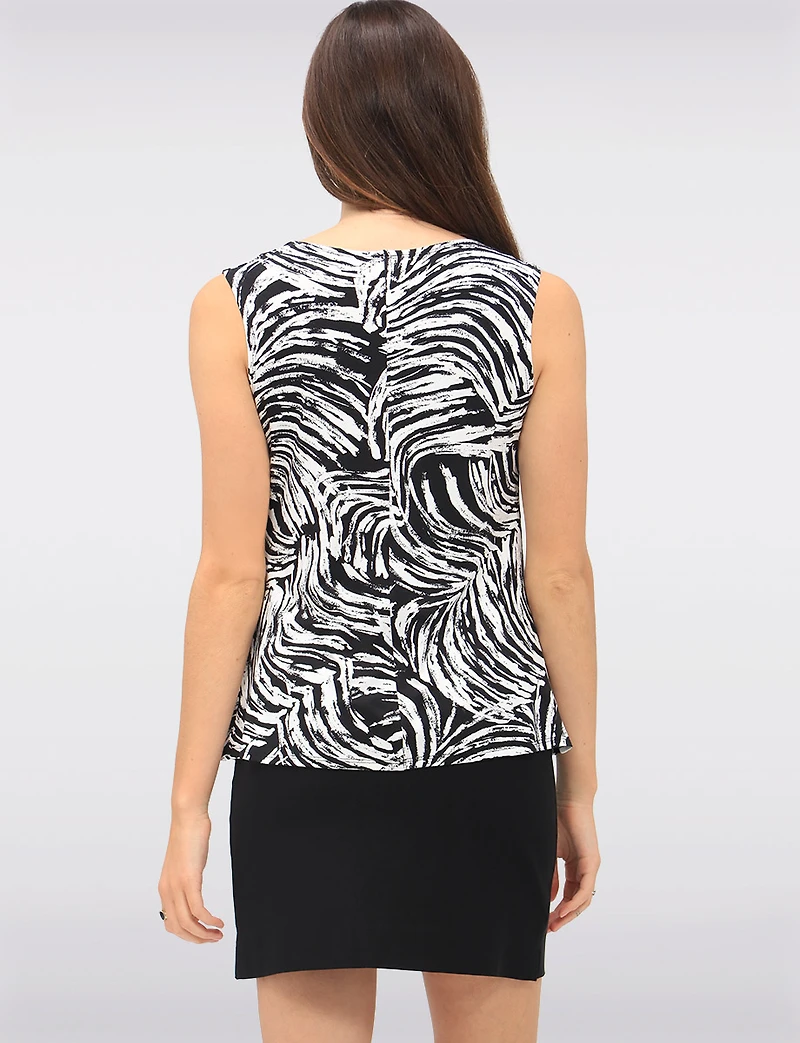 Draped Black & White Abstract Print Sleeveless Cowl Neck Stretch Top by Vamp