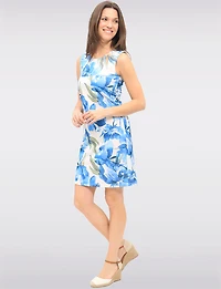 Sleeveless Blue Floral Print Slim Fit Knee Length Dress by Vamp