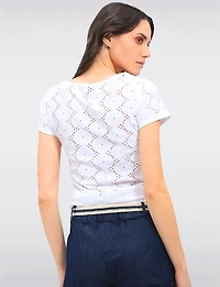 Stretch Rib-Knit Floral Embroidered Short Sleeves Eyelet Top by Vamp