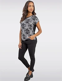 Chic Black & White Printed Cap Sleeve Top with Asymmetrical Hemline by Vamp