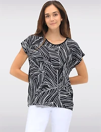 Black & White Abstract Print Tunic with Cap Sleeves and Rounded Hem by Vamp